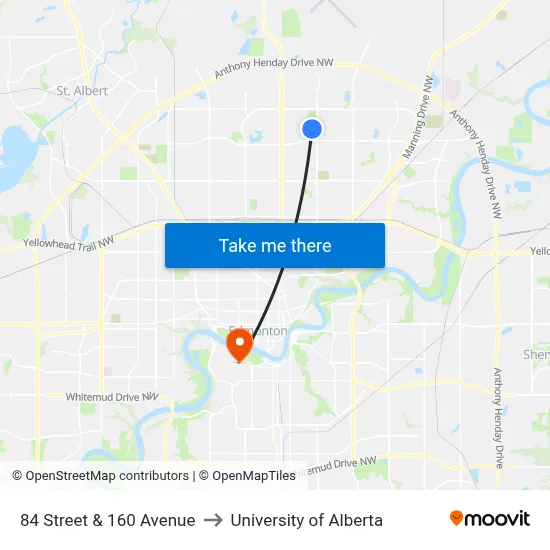 84 Street & 160 Avenue to University of Alberta map