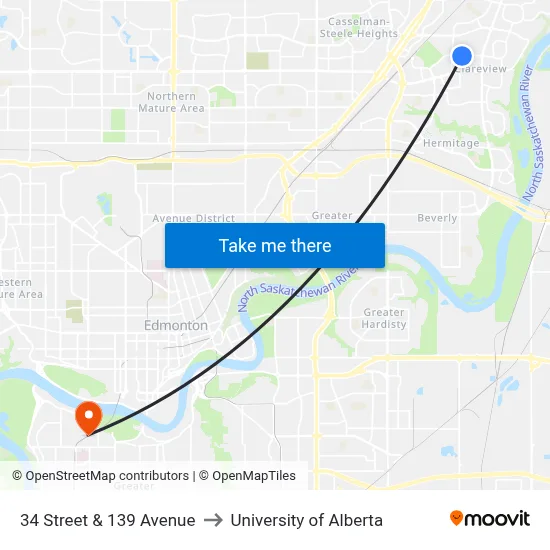 34 Street & 139 Avenue to University of Alberta map