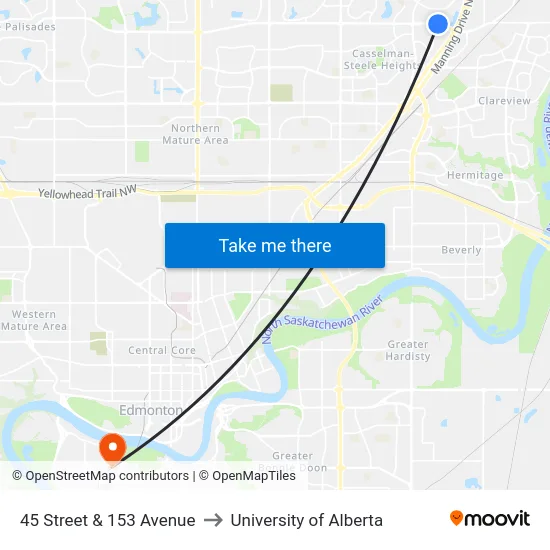 45 Street & 153 Avenue to University of Alberta map