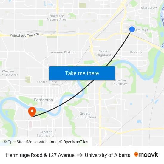 Hermitage Road & 127 Avenue to University of Alberta map
