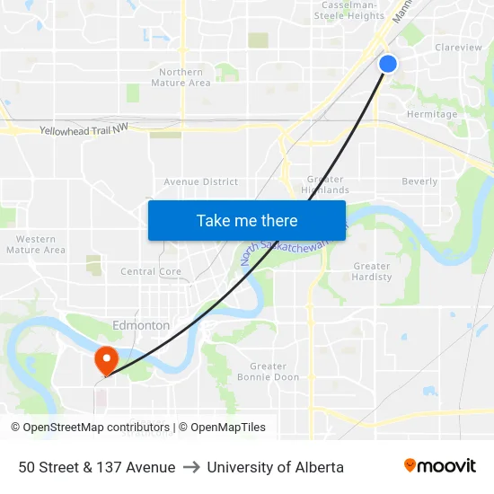 50 Street & 137 Avenue to University of Alberta map