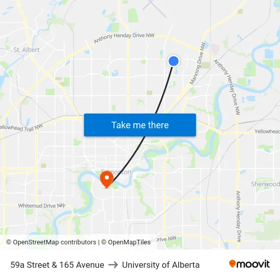 59a Street & 165 Avenue to University of Alberta map