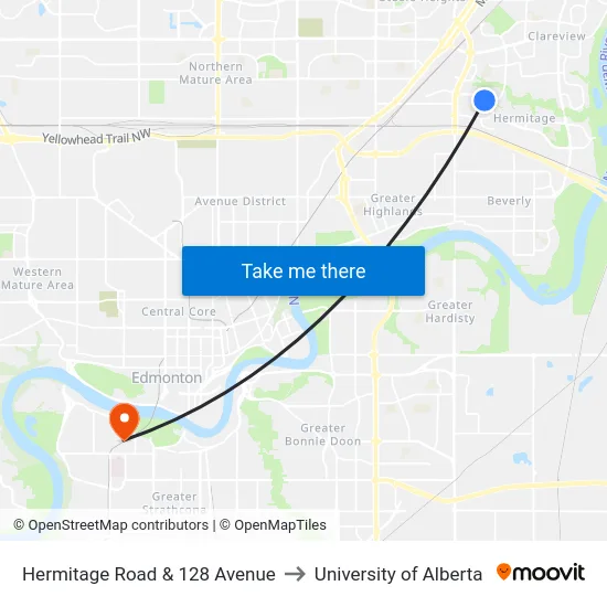 Hermitage Road & 128 Avenue to University of Alberta map