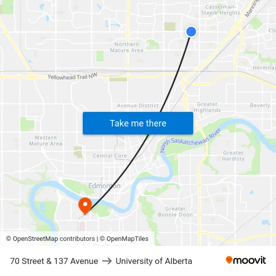 70 Street & 137 Avenue to University of Alberta map