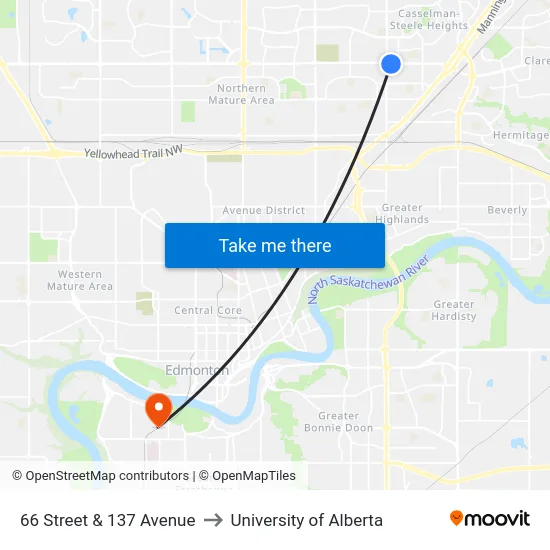 66 Street & 137 Avenue to University of Alberta map