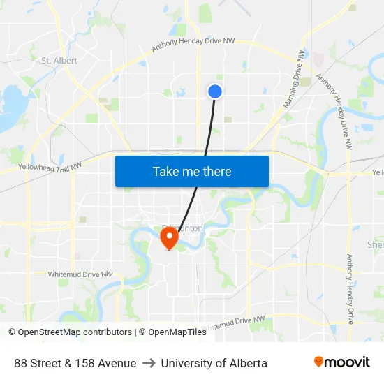 88 Street & 158 Avenue to University of Alberta map