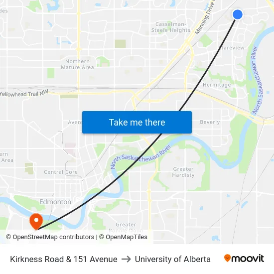 Kirkness Road & 151 Avenue to University of Alberta map