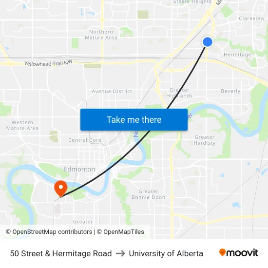 50 Street & Hermitage Road to University of Alberta map