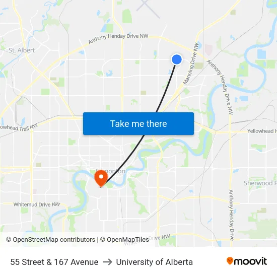 55 Street & 167 Avenue to University of Alberta map