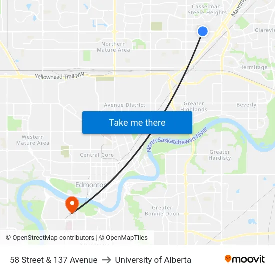 58 Street & 137 Avenue to University of Alberta map