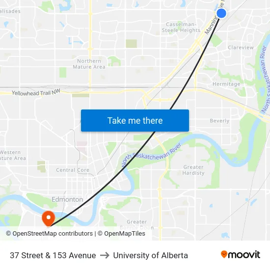 37 Street & 153 Avenue to University of Alberta map