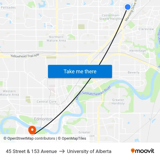 45 Street & 153 Avenue to University of Alberta map