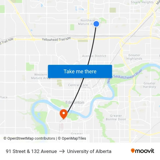 91 Street & 132 Avenue to University of Alberta map