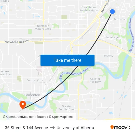 36 Street & 144 Avenue to University of Alberta map