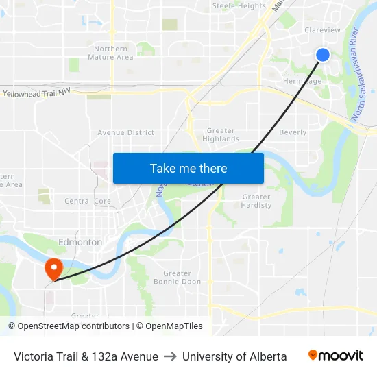 Victoria Trail & 132a Avenue to University of Alberta map