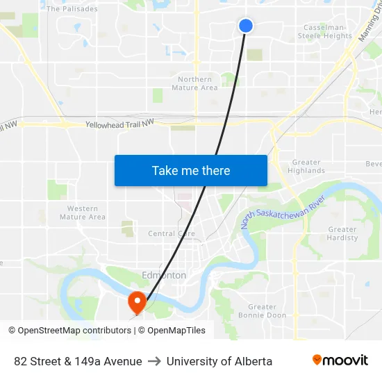 82 Street & 149a Avenue to University of Alberta map