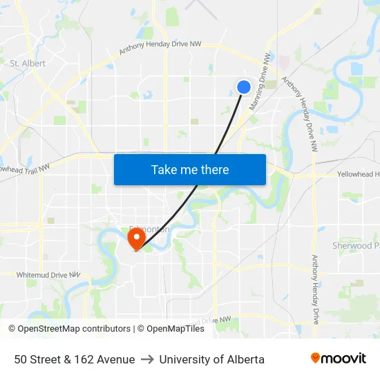 50 Street & 162 Avenue to University of Alberta map