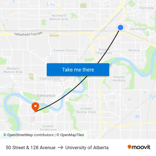 50 Street & 128 Avenue to University of Alberta map