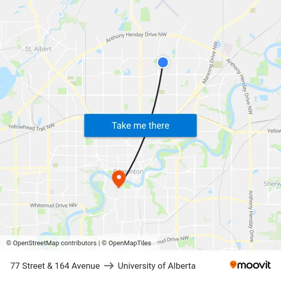 77 Street & 164 Avenue to University of Alberta map