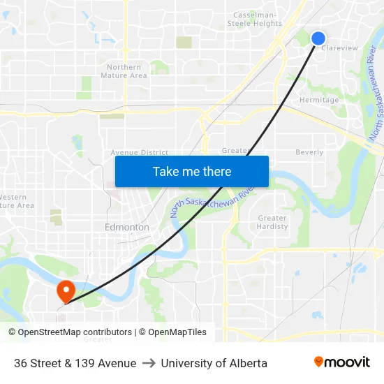 36 Street & 139 Avenue to University of Alberta map
