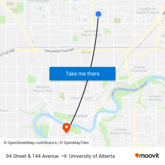 94 Street & 144 Avenue to University of Alberta map