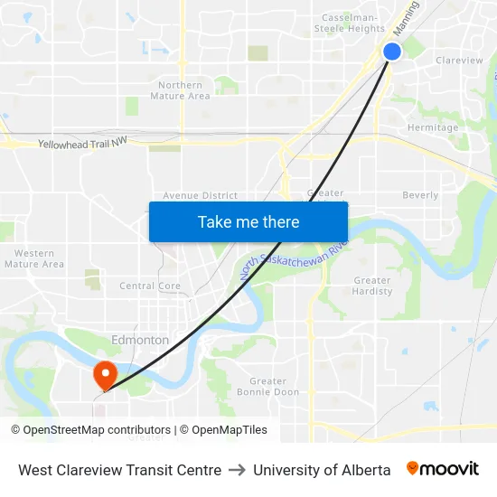West Clareview Transit Centre to University of Alberta map