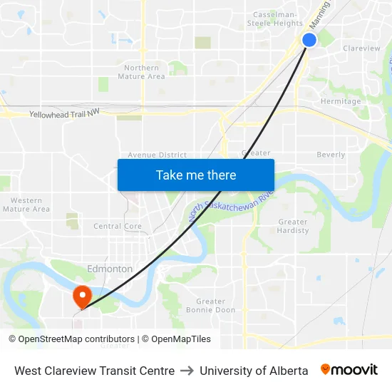 West Clareview Transit Centre to University of Alberta map