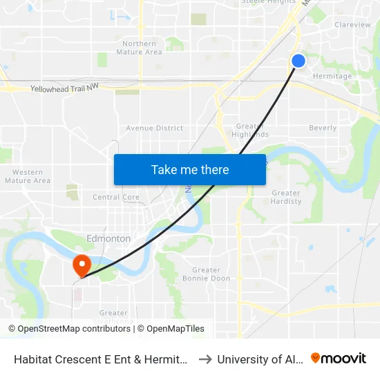Habitat Crescent E Ent & Hermitage Road to University of Alberta map