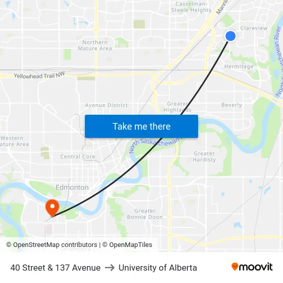 40 Street & 137 Avenue to University of Alberta map
