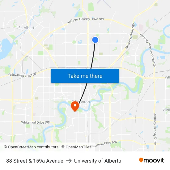 88 Street & 159a Avenue to University of Alberta map