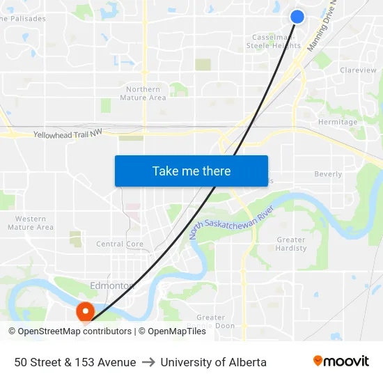50 Street & 153 Avenue to University of Alberta map