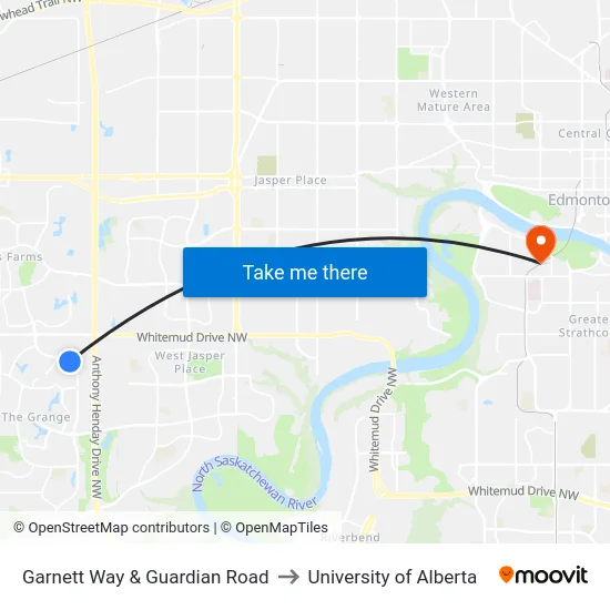 Garnett Way & Guardian Road to University of Alberta map