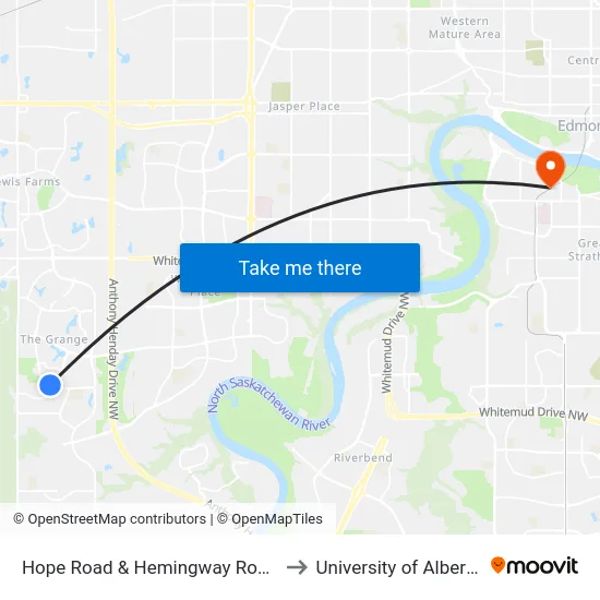 Hope Road & Hemingway Road to University of Alberta map
