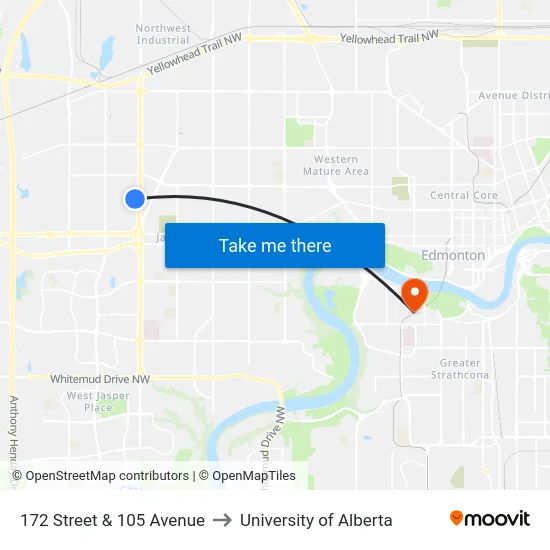 172 Street & 105 Avenue to University of Alberta map