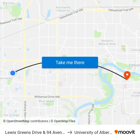 Lewis Greens Drive & 94 Avenue to University of Alberta map
