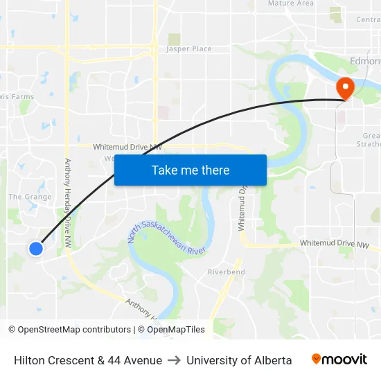 Hilton Crescent & 44 Avenue to University of Alberta map