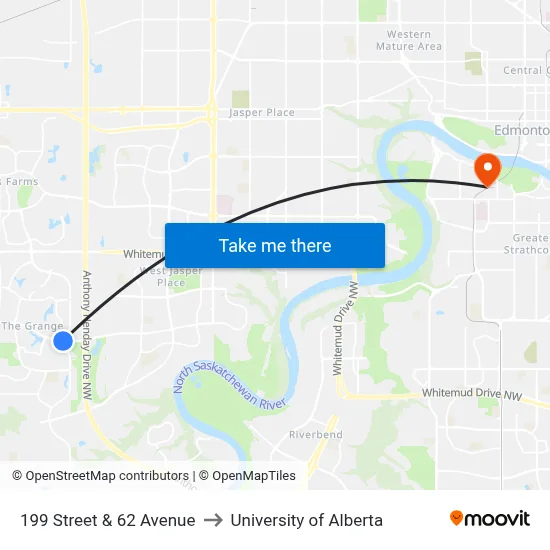 199 Street & 62 Avenue to University of Alberta map