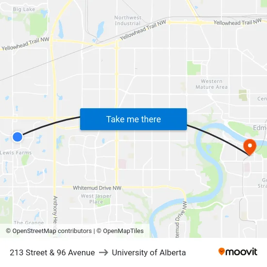 213 Street & 96 Avenue to University of Alberta map