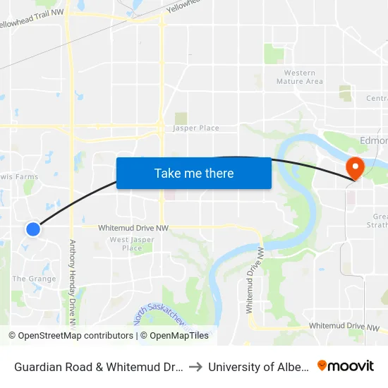 Guardian Road & Whitemud Drive to University of Alberta map