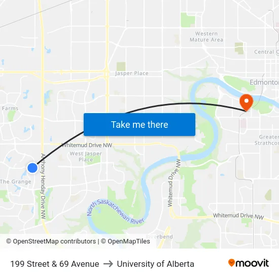 199 Street & 69 Avenue to University of Alberta map
