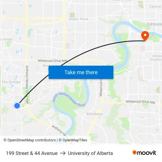 199 Street & 44 Avenue to University of Alberta map