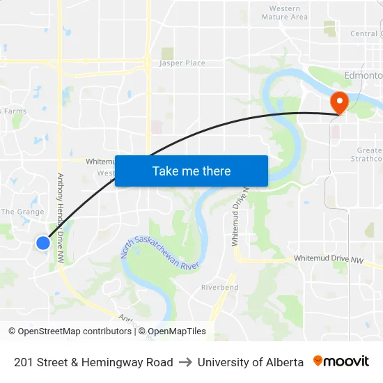 201 Street & Hemingway Road to University of Alberta map