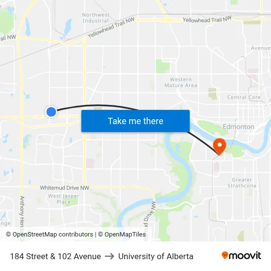 184 Street & 102 Avenue to University of Alberta map