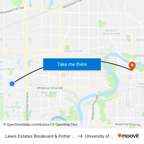 Lewis Estates Boulevard & Potter Greens Drive to University of Alberta map