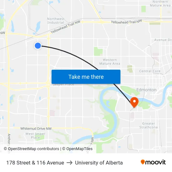 178 Street & 116 Avenue to University of Alberta map