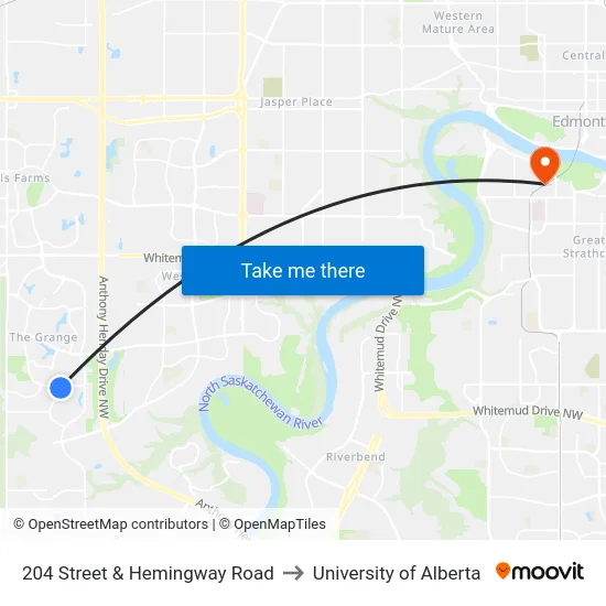 204 Street & Hemingway Road to University of Alberta map