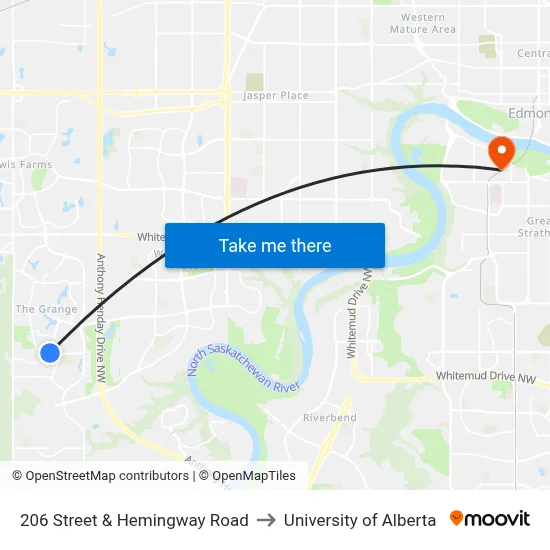206 Street & Hemingway Road to University of Alberta map