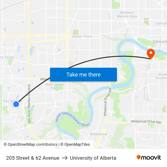 205 Street & 62 Avenue to University of Alberta map