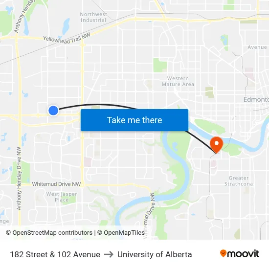 182 Street & 102 Avenue to University of Alberta map