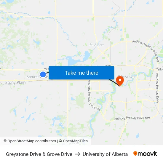 Greystone Drive & Grove Drive to University of Alberta map